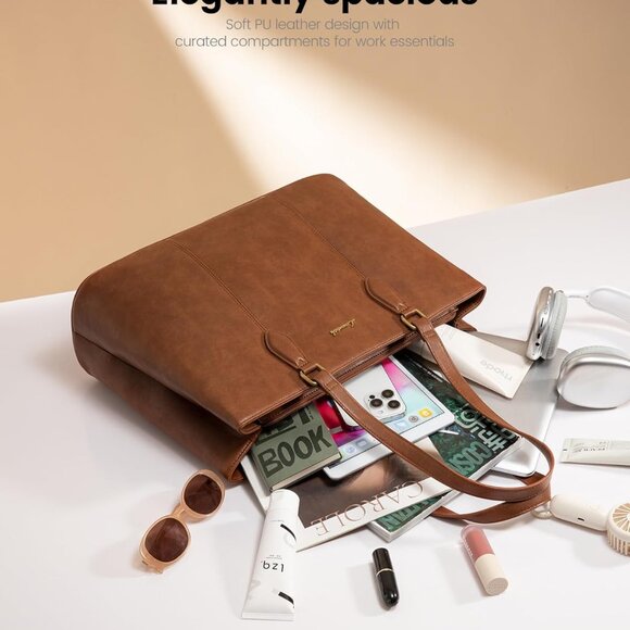 Laptop Tote Bag for Women,Work Tote with Wristlet,PU Leather Computer Bag for Te - Picture 5 of 8